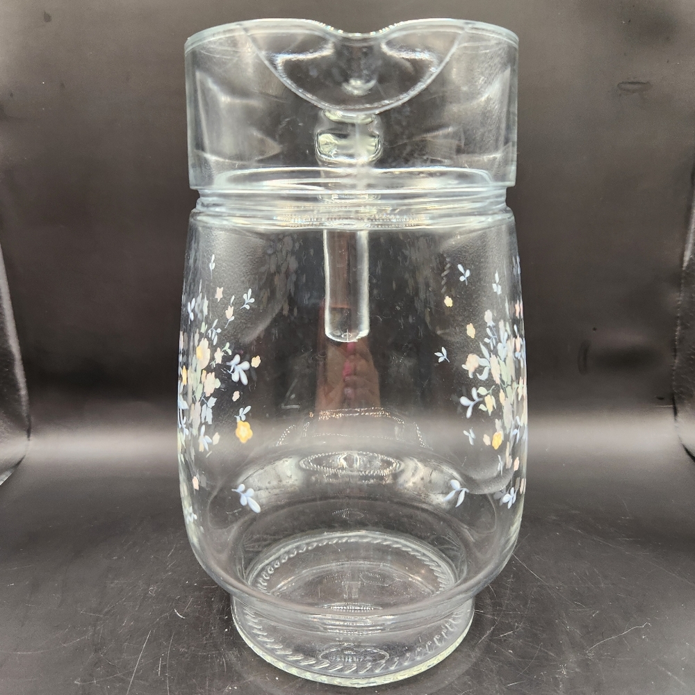 Vintage Arcoroc Glass Pitcher Dainty Pink/Blue Flowers France 48 Ounce - Picture 4 of 8